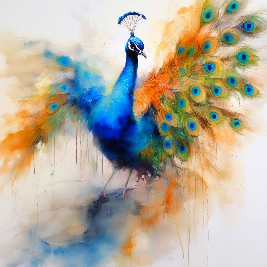 Neo-Impressionist Peacock on Temple Steps in Sapphire Light