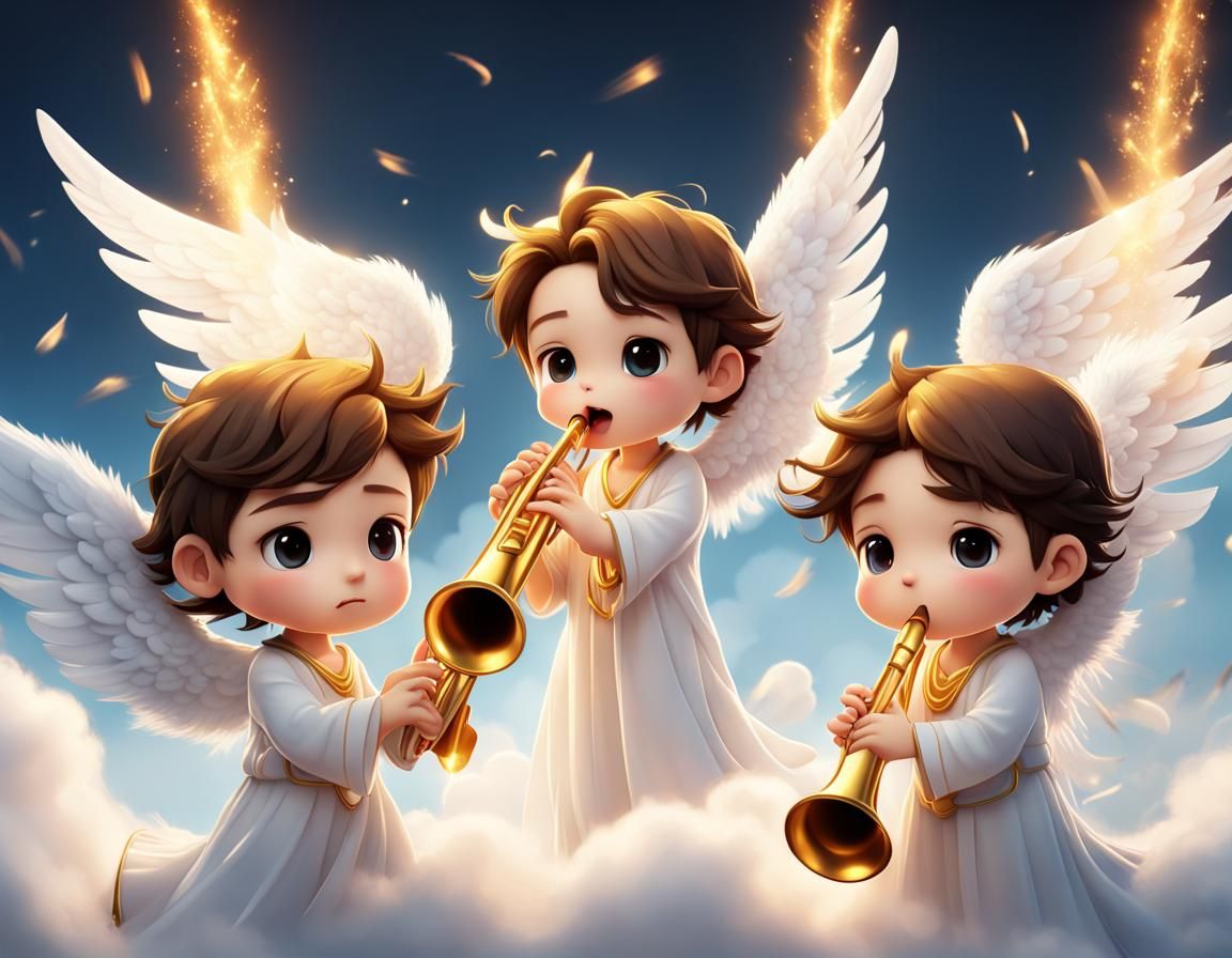 Chibi Angels Blow Golden Trumpets in 3D Render