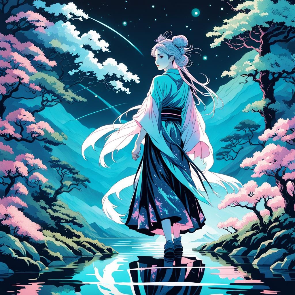 Fae Woman in Ukiyo-e Dreamcore Mountain Pond