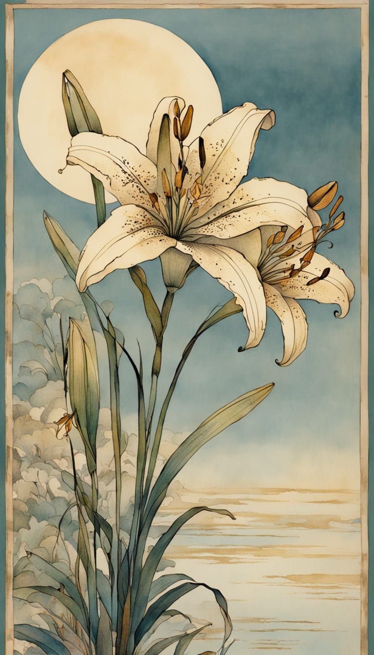 Vintage Ink Painting of Gold Band Lily