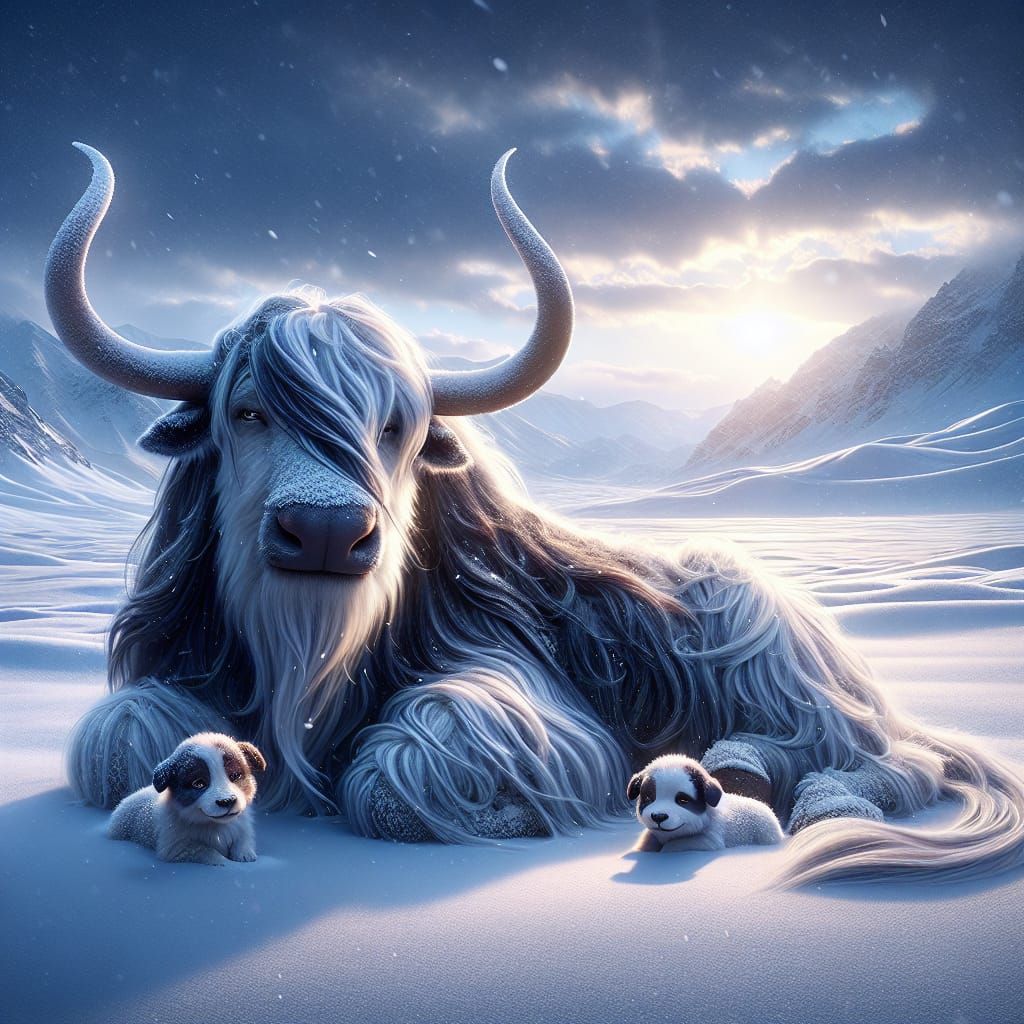 Majestic CGI Yak Enters Serene Winter Landscape with Two Hea...