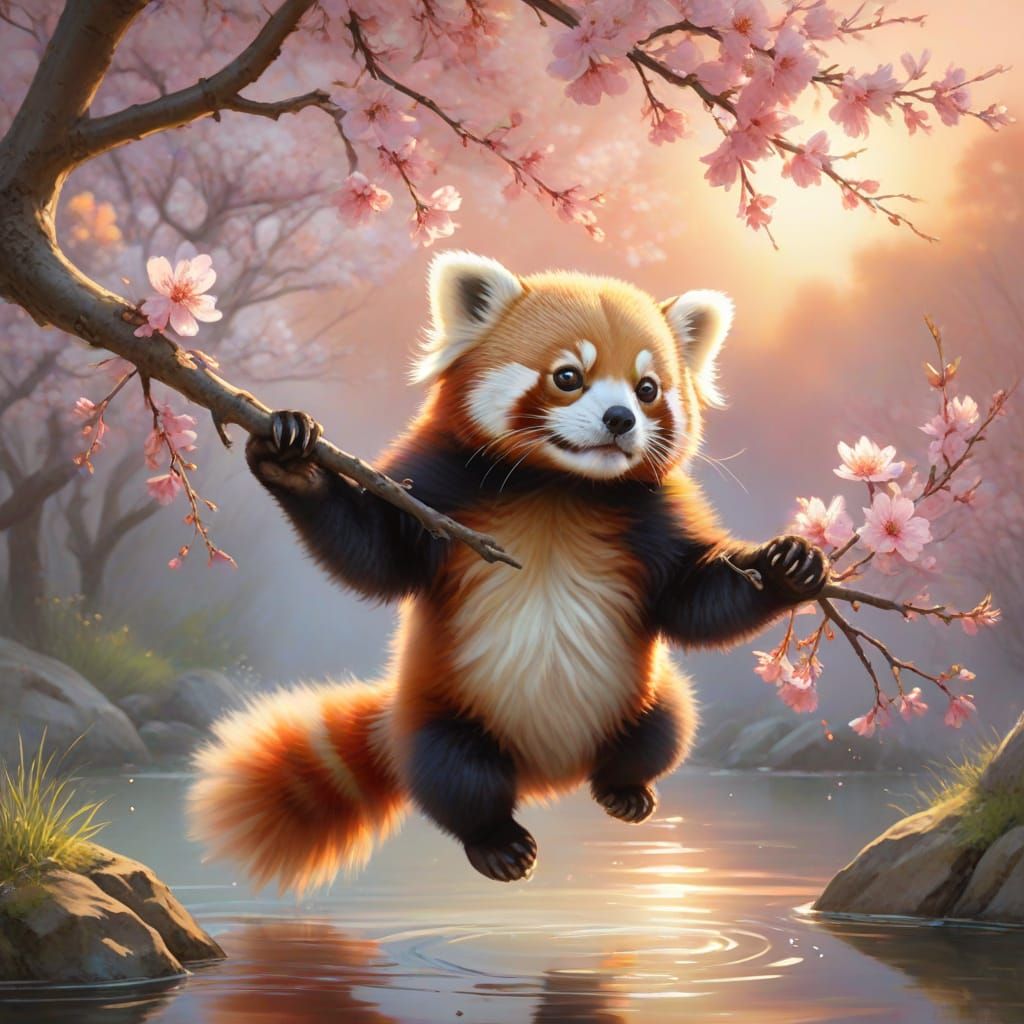 Joyful Red Panda Cub in Cherry Blossom Tree at Sunrise