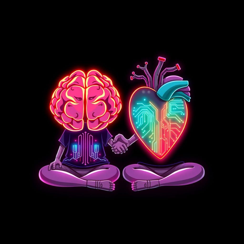 Futuristic Heart Brain Duo Unite in Neon Harmony