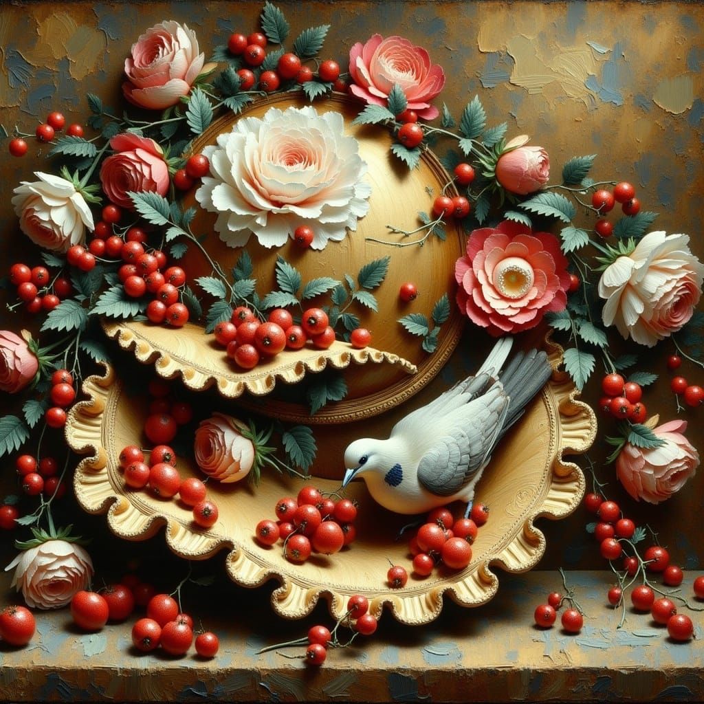 Baroque Hat with Dove and Berries in Soft Focus Oil Painting