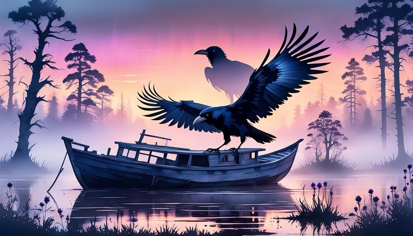 Majestic Raven Amidst Mystical Swampy River Landscape
