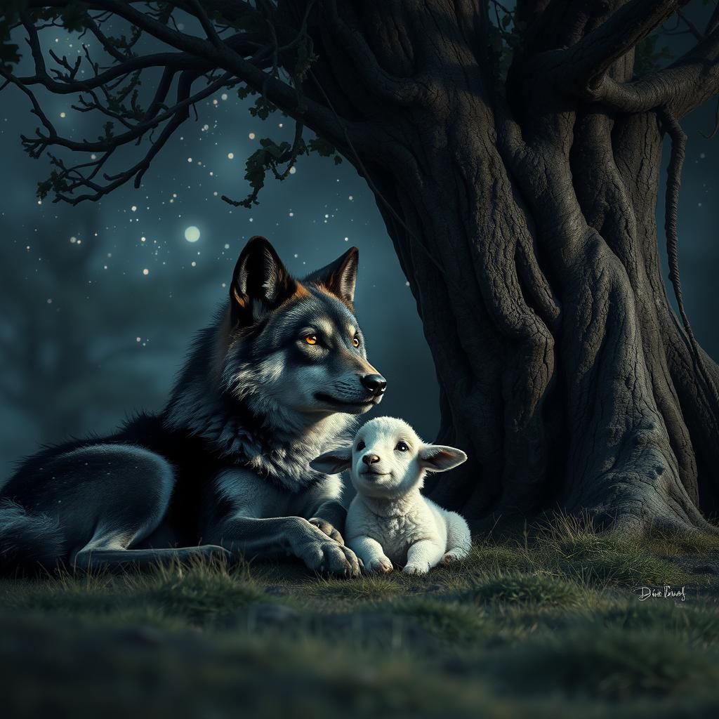 Tender Scene: Wolf and Sheep Stargazing, Alcohol Ink Art