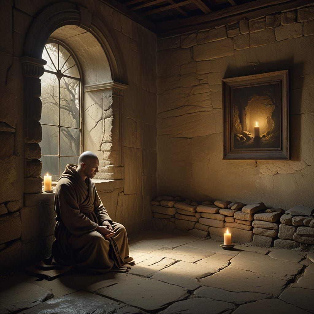 Monk in Contemplative Meditation, in Earth-Toned Realism