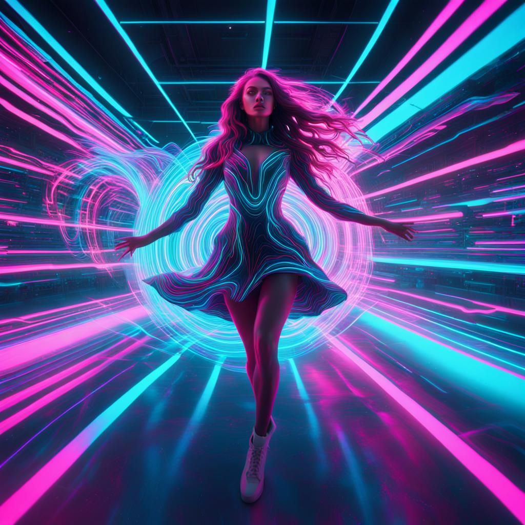 Radiant Dancing Girl in Neon Cyberpunk Hologram