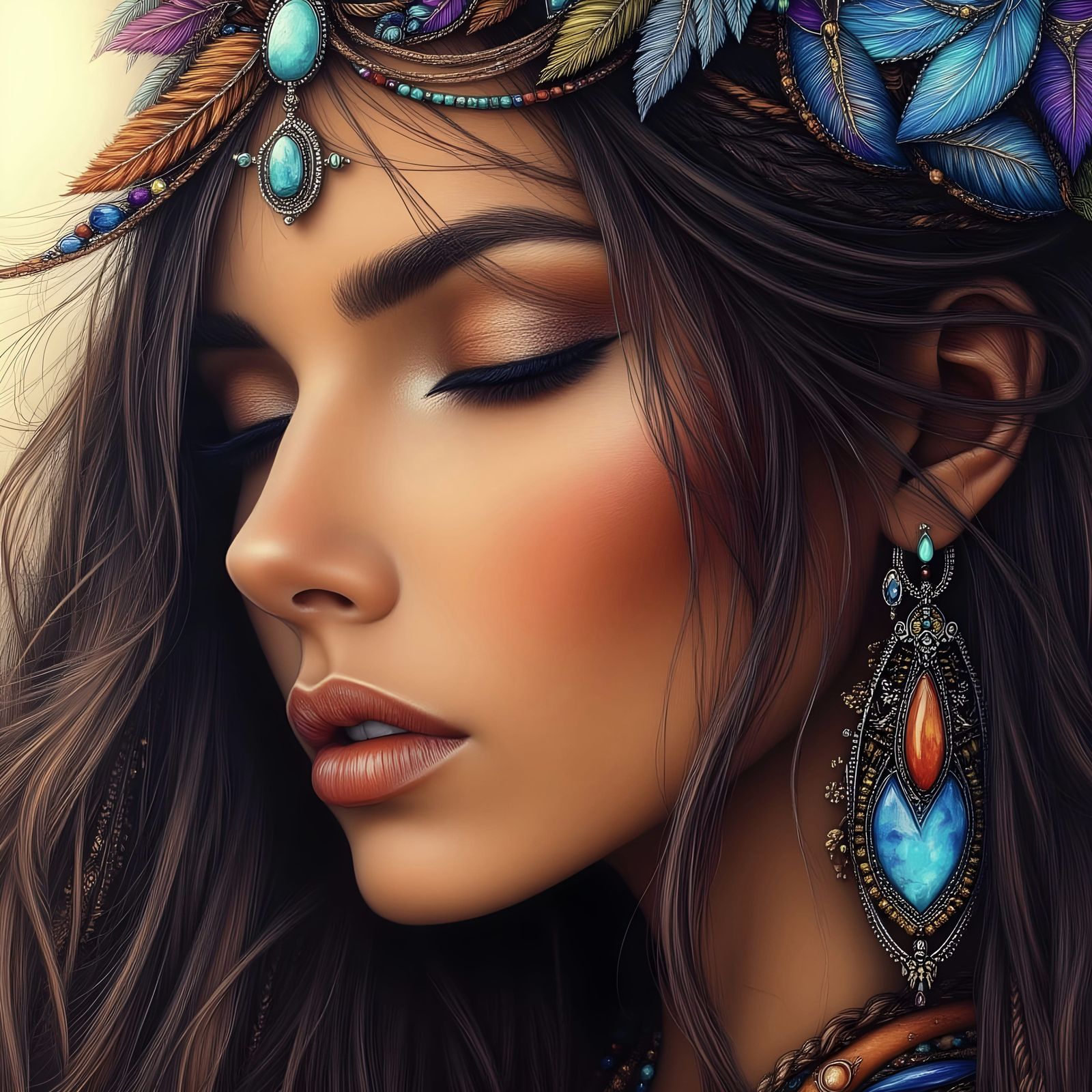 Native American Woman Portrait with Turquoise Jewelry