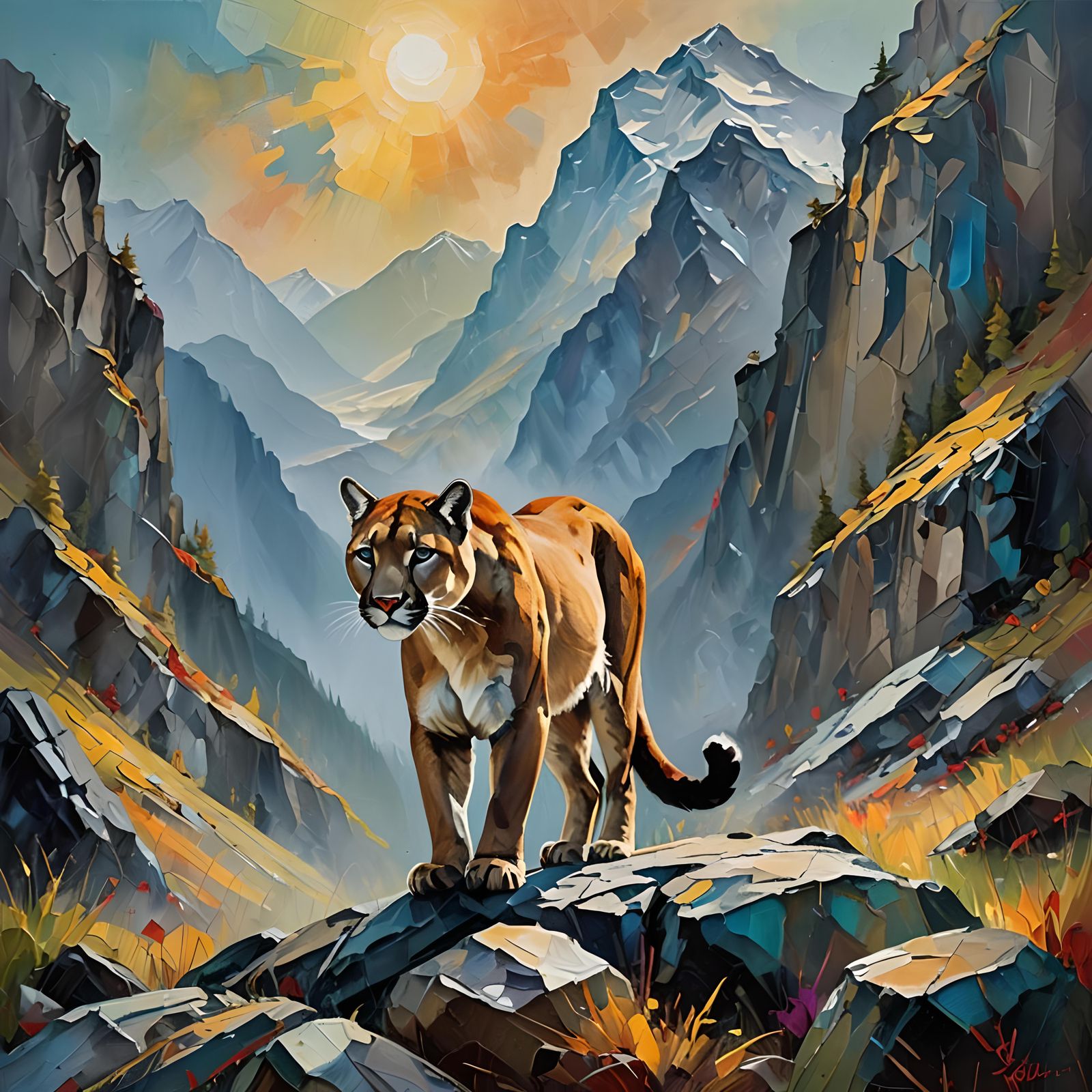 Cougar in Mountains: Impressionistic Expressionist Painting