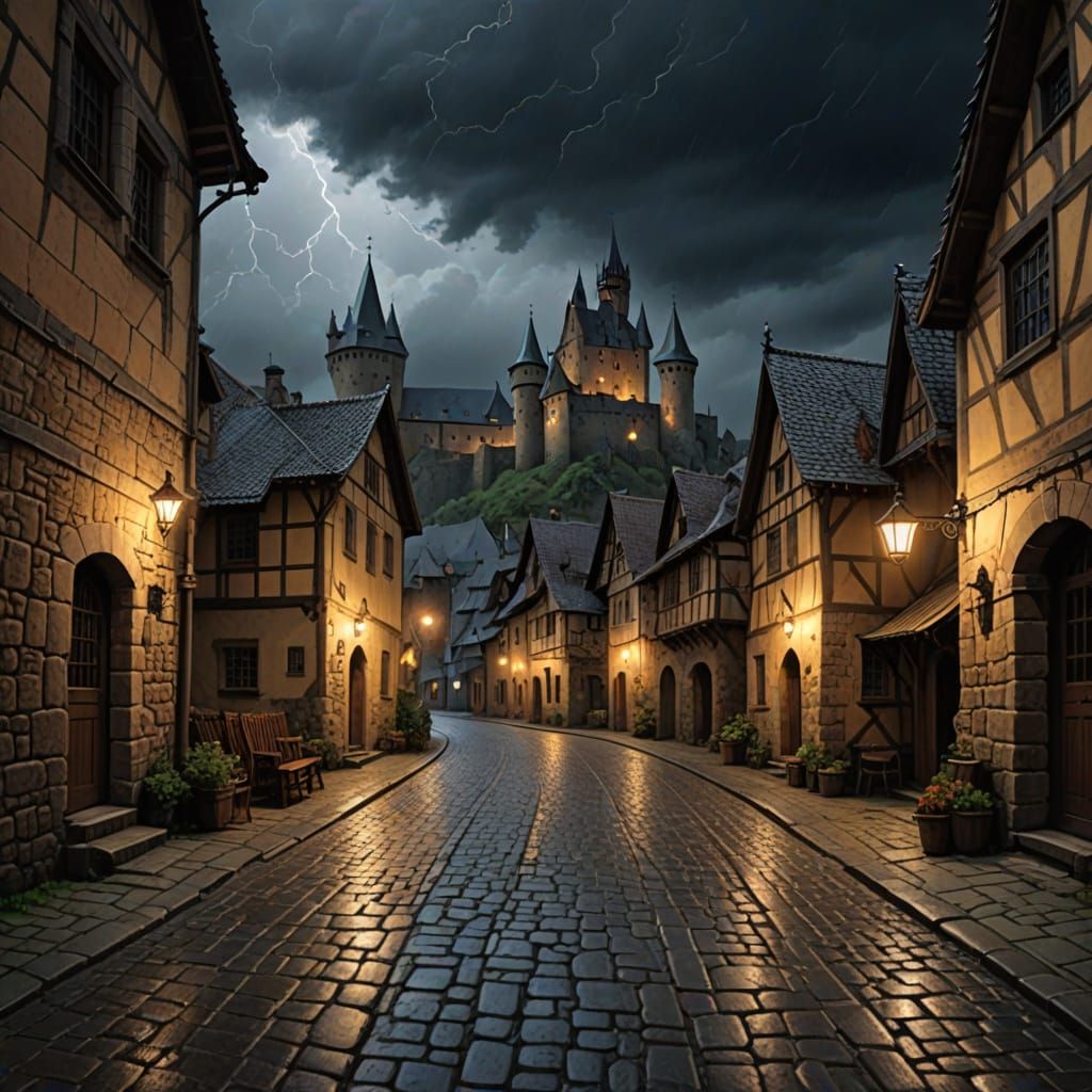 Medieval Village Under Stormy Skies
