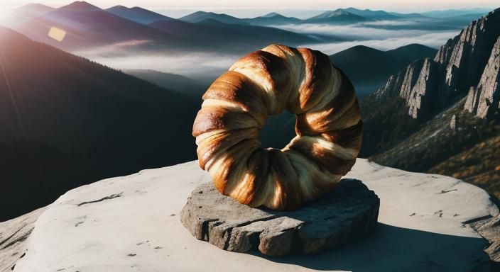 Giant Croissant Atop Mountain in Cinematic Style