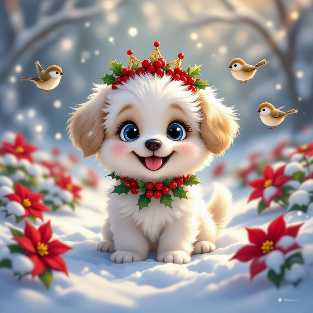 Fluffy Puppy in Holly Berry Crown Sits in Snowy Poinsettia F...