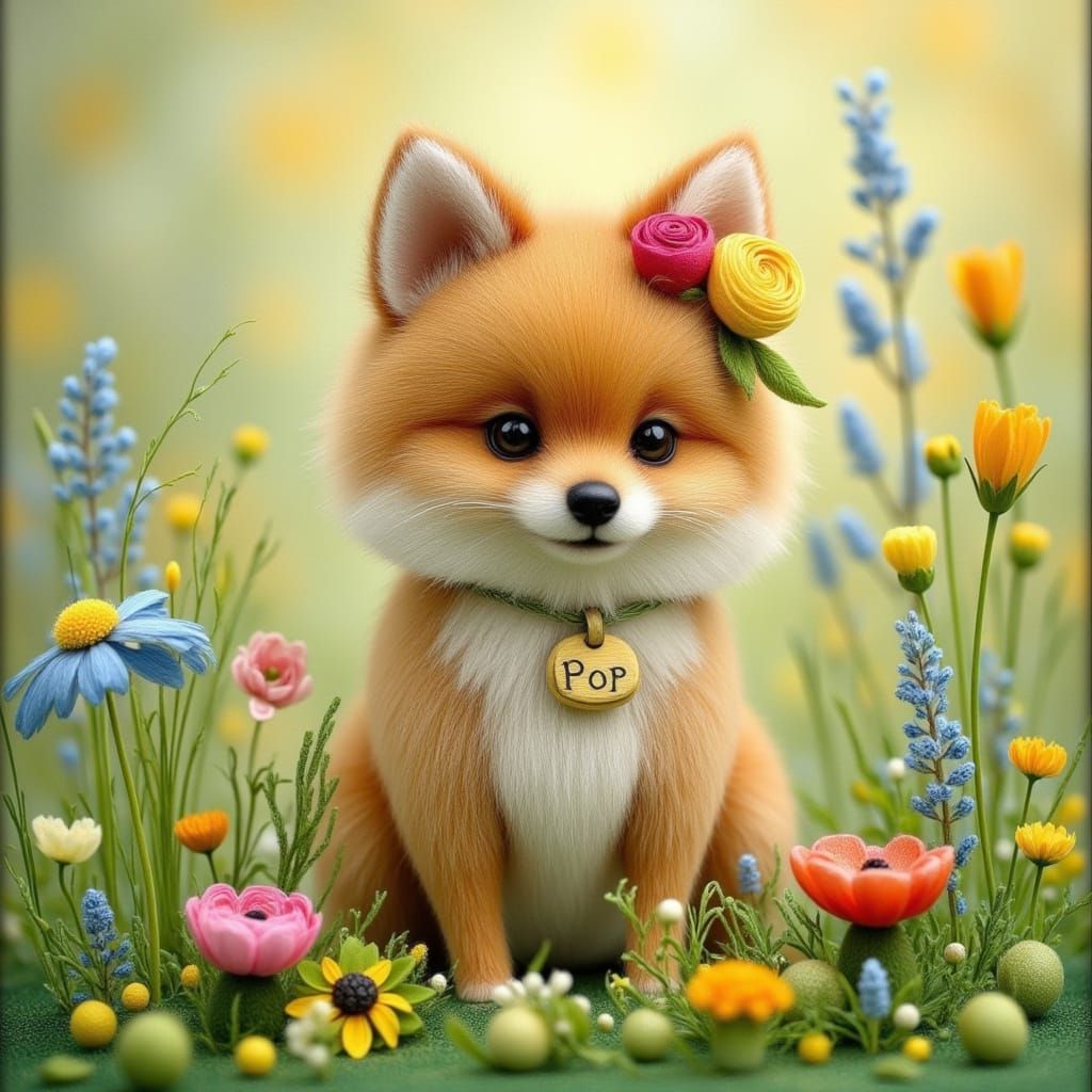 Doll-Like Pomeranian in Wildflower Meadow, Watercolor Illust...