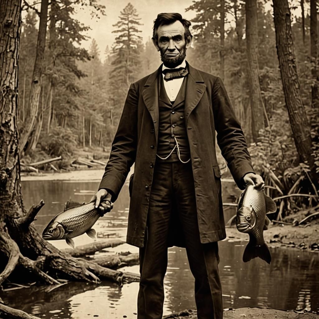 Lincoln and Bigfoot Catch a Fish in Sepia
