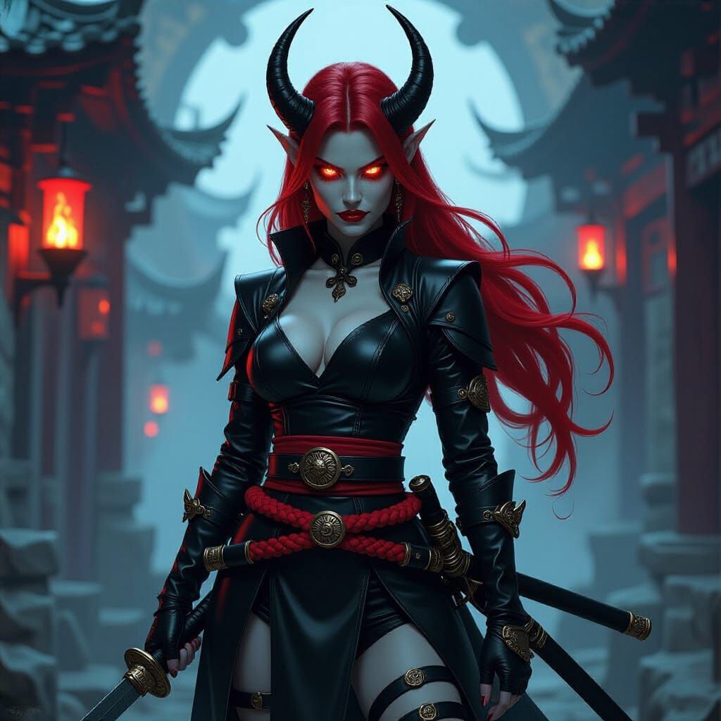 Tiefling Alchemist in Arcane Ruins, Fantasy Art Style