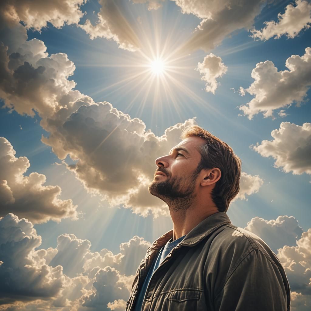 man looks up to a kingdom in heaven