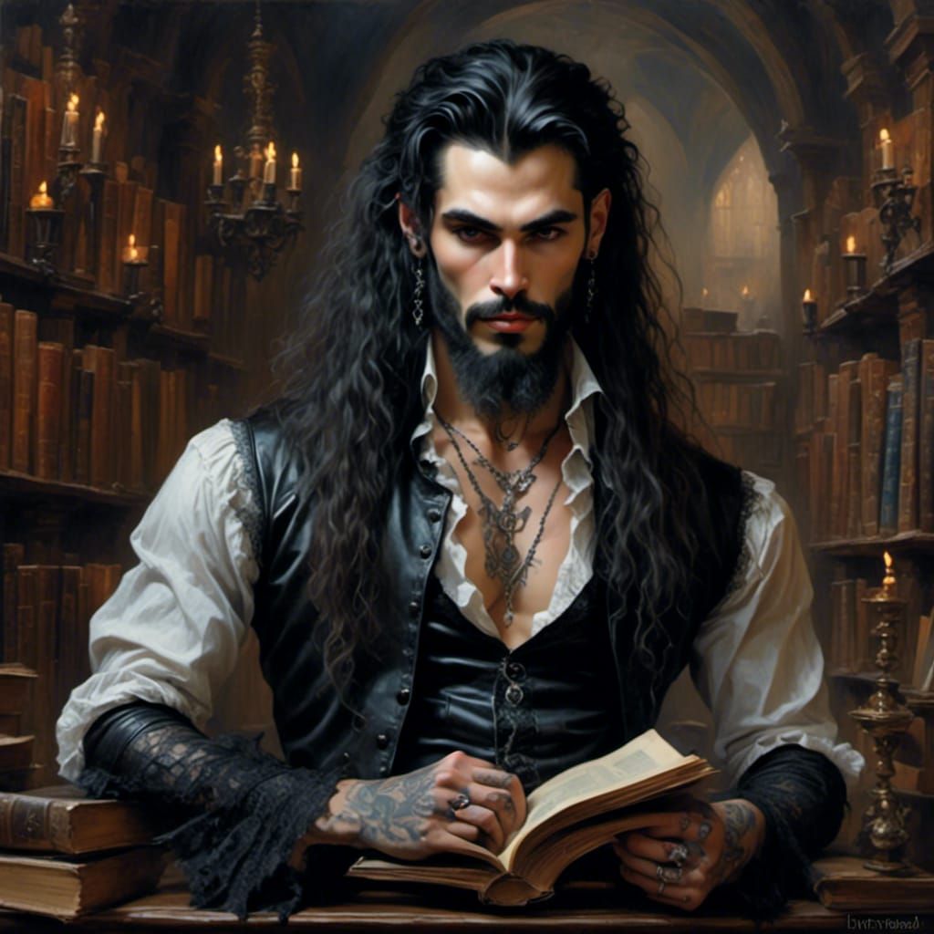 Gothic Man Posing in a Library