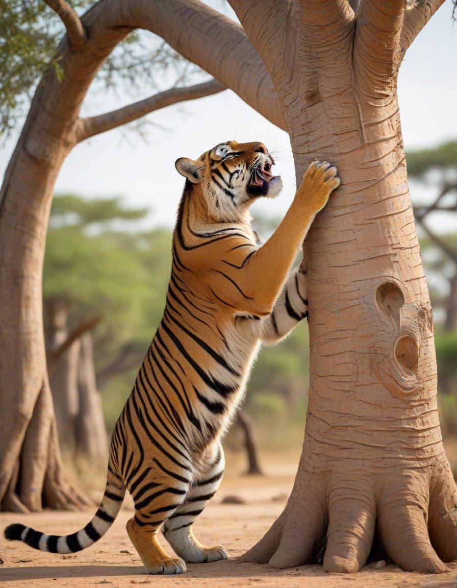 Tiger Scratches Baobab Trunk in the Veldt