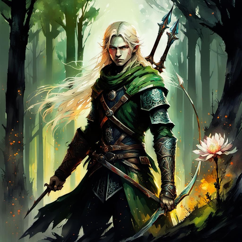 Elf Archer in Dark Fantasy Forest, Gouache Style
