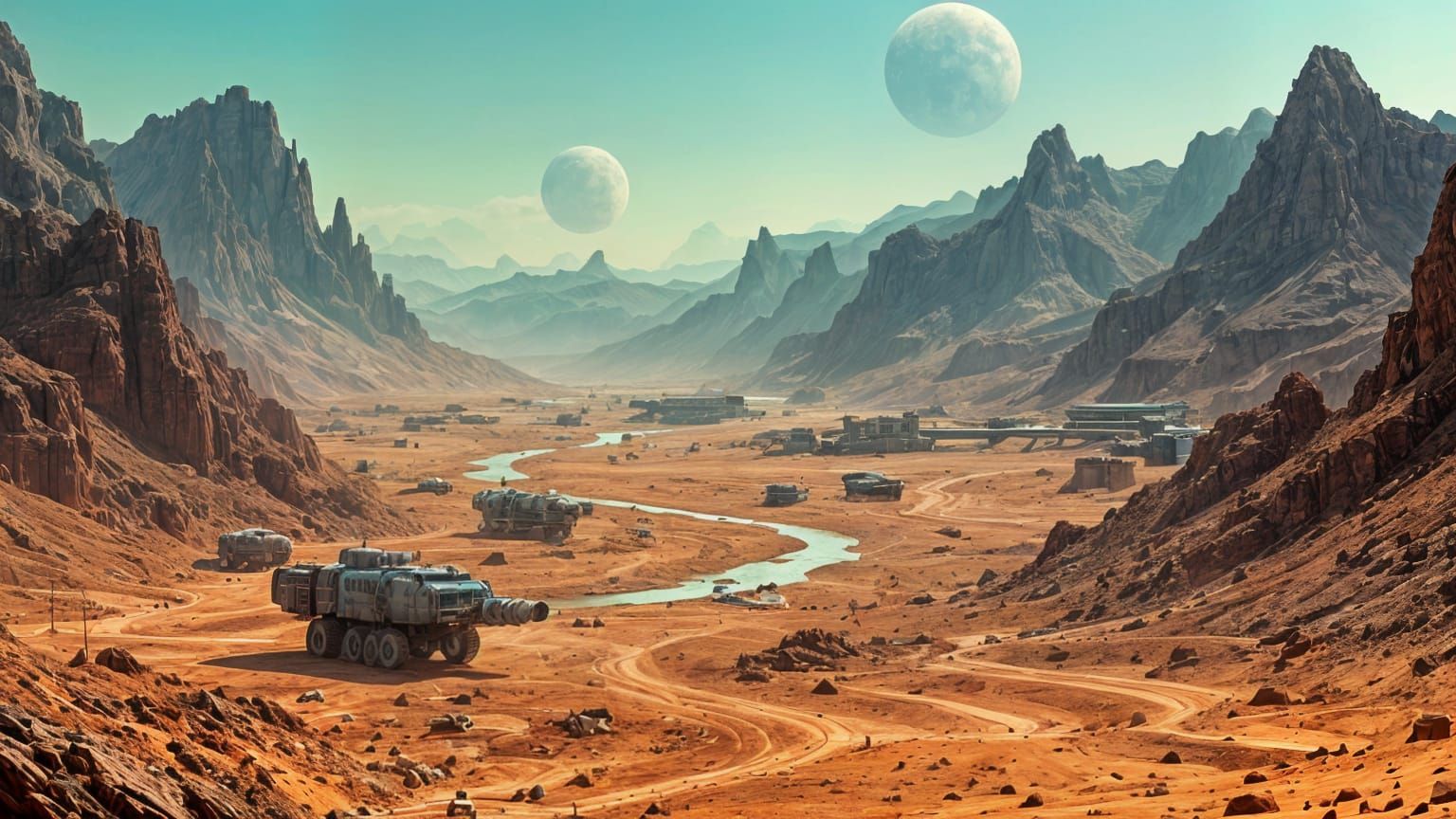 Dystopian Mining Colony on a Barren Turquoise Planet