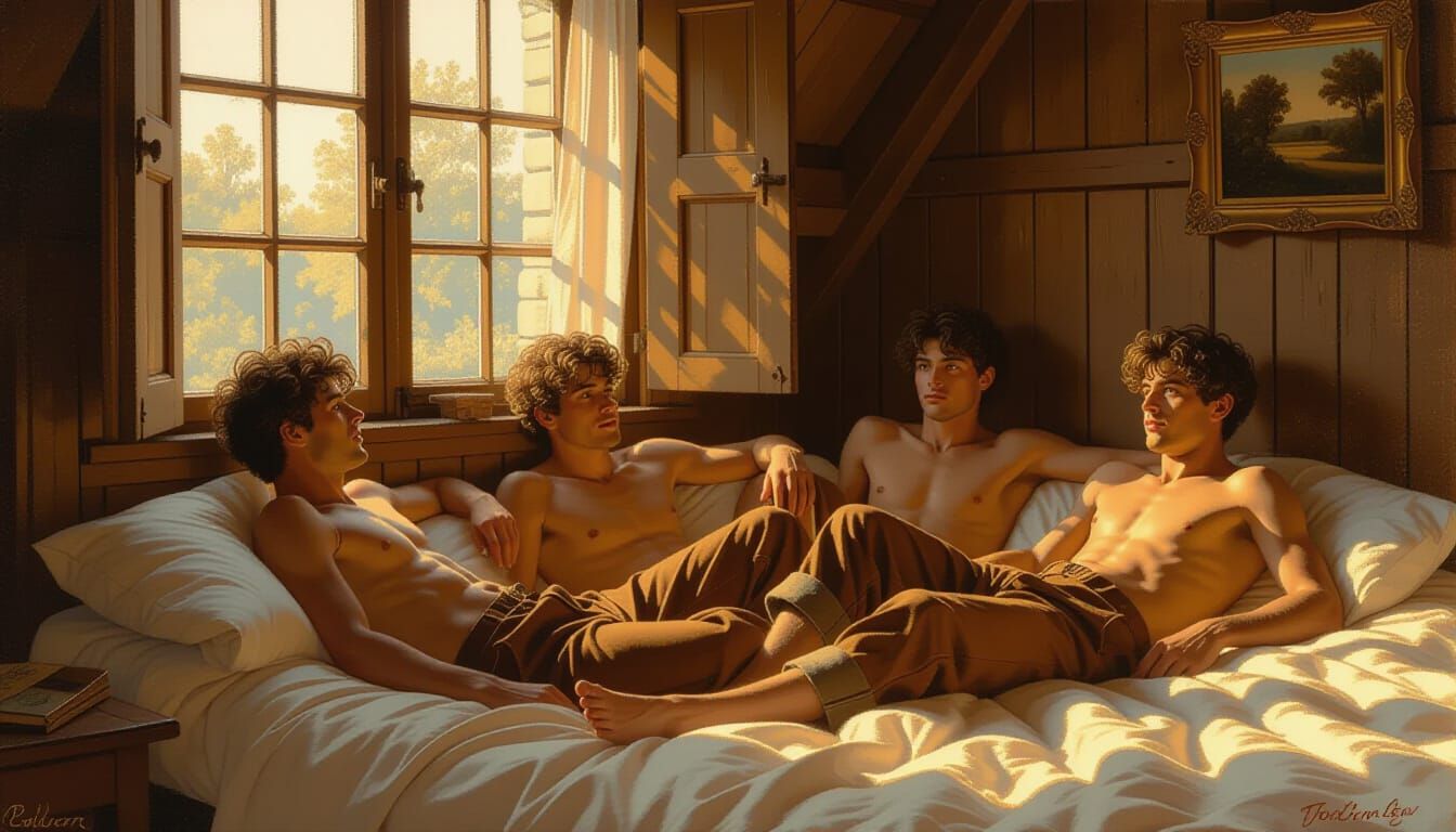 Youthful Men Lounging in Sunlit Studio, Oil Painting