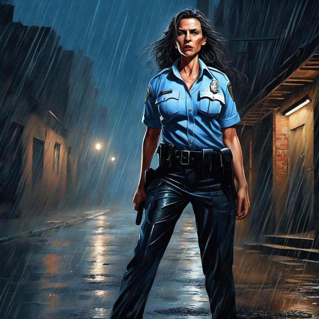Rain-Soaked Policewoman in Dark Alley: Hyperrealistic