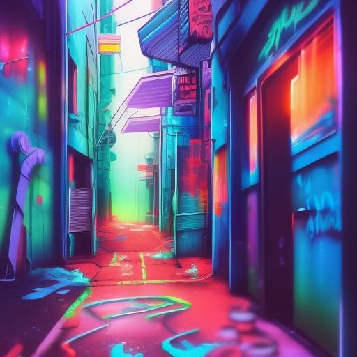 Vibrant Cyberpunk Alleyway Graffiti Art