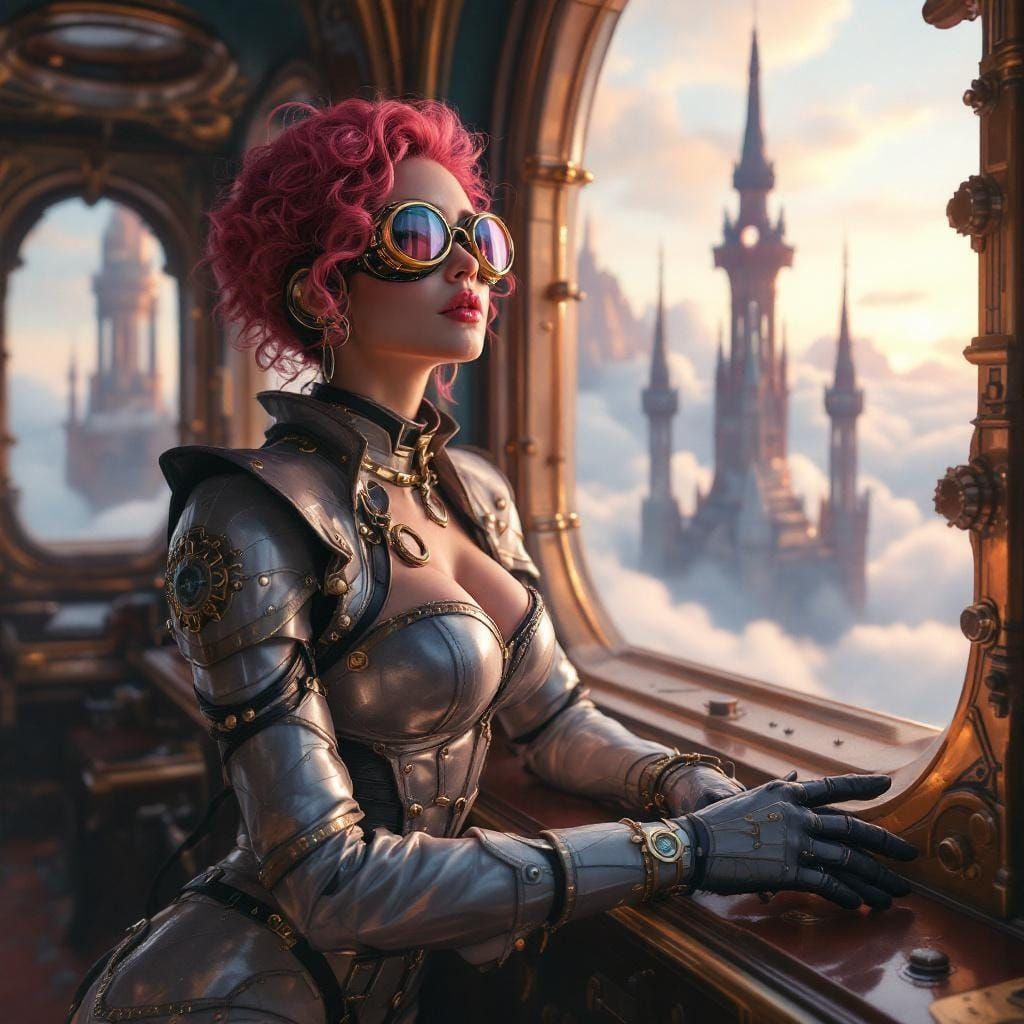 Steampunk Aviatrix in Floating Sky Kingdom, Fantasy Portrait
