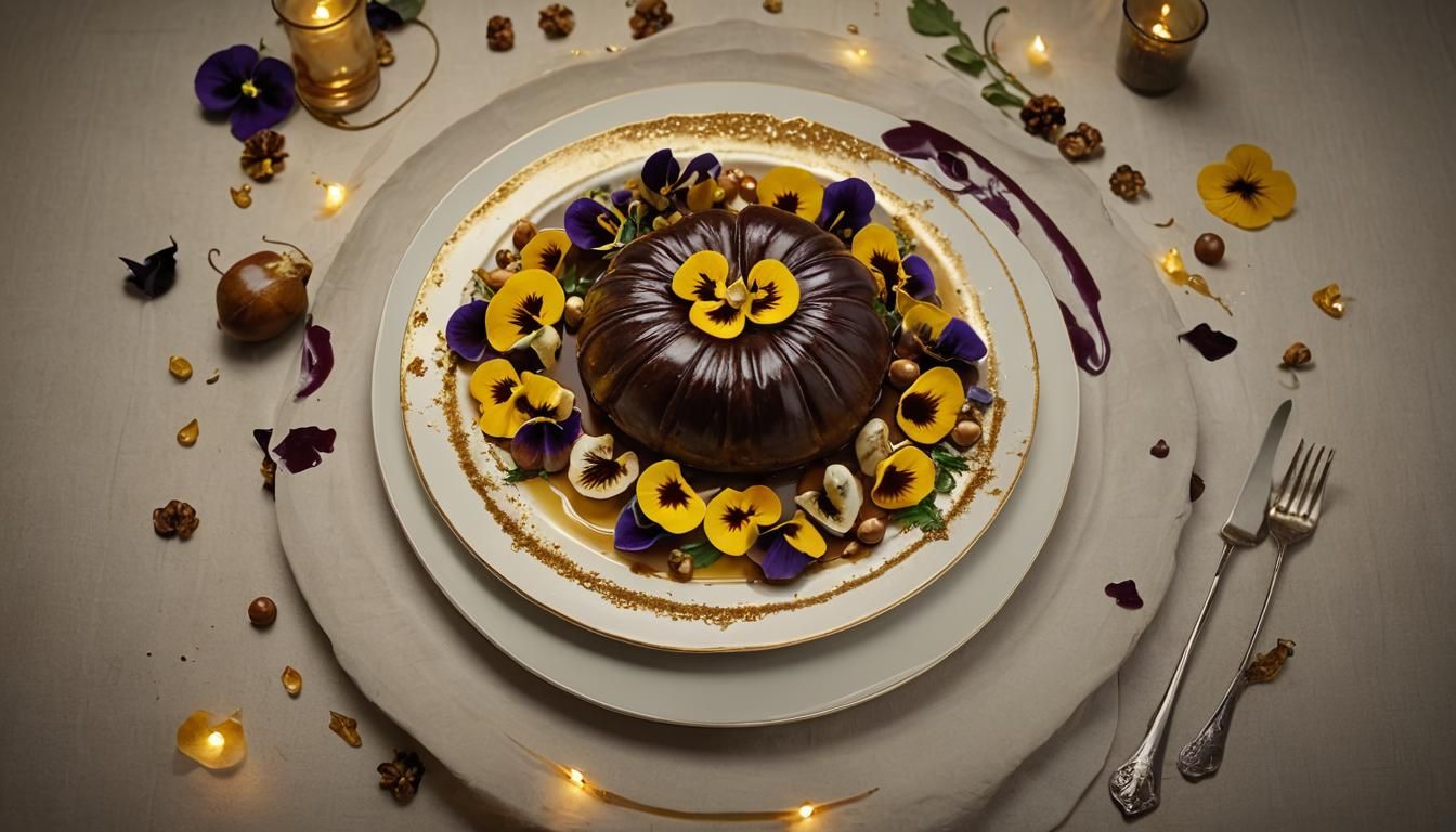 Savory Roast Decorated with Pansies in Golden Light
