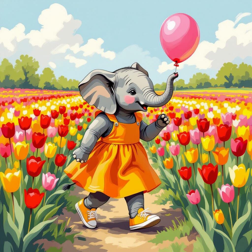 Elephant in Sundress Tiptoes Through Tulip Field