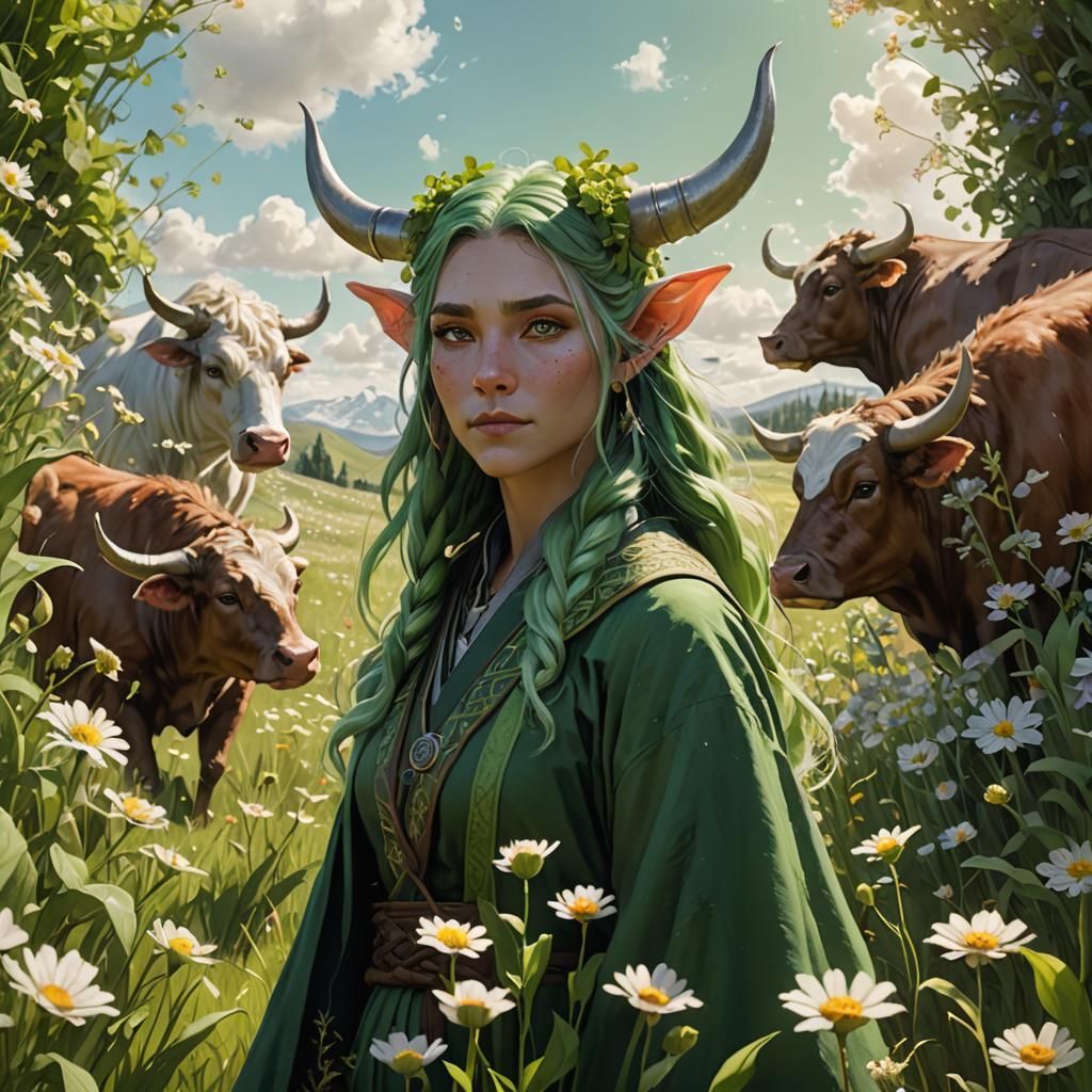 Fantasy Firbolg Girl in Flower Field, Digital Painting