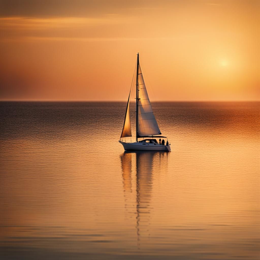 Lone Sailboat at Sunset in Golden Light