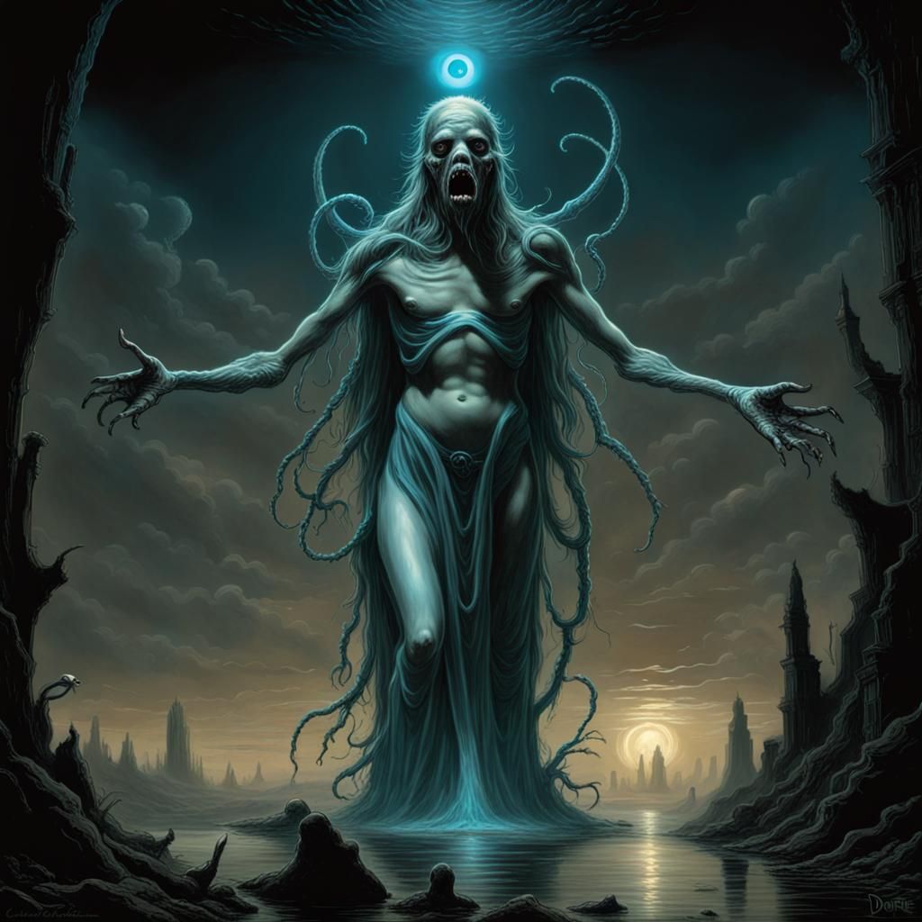 Bioluminescent Extraterrestrial Horror in Doré Style