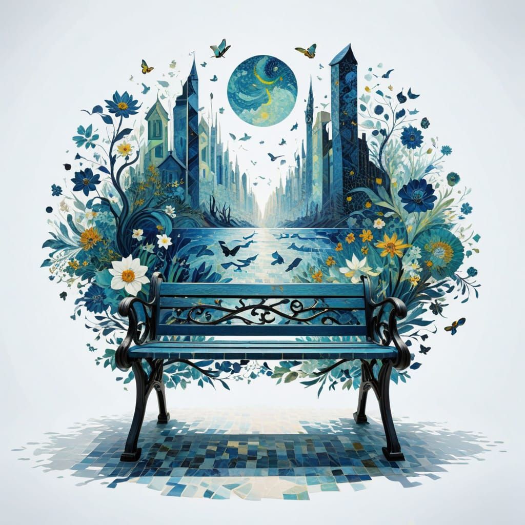 (bench:1.5), Vincent Van Gogh and Salvador Dali, deep blue and turquoise dominant, fine-tuned mosaic ample use of white ...