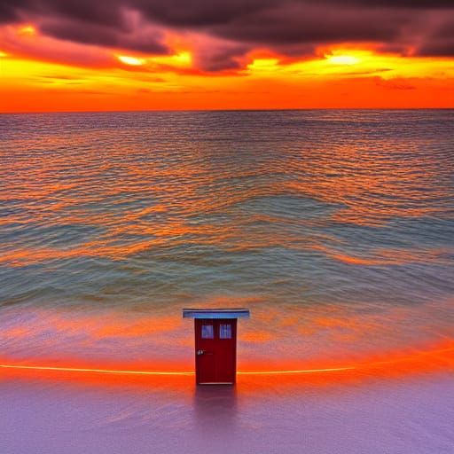 Orange Door Amidst Sea Sunset Storm
