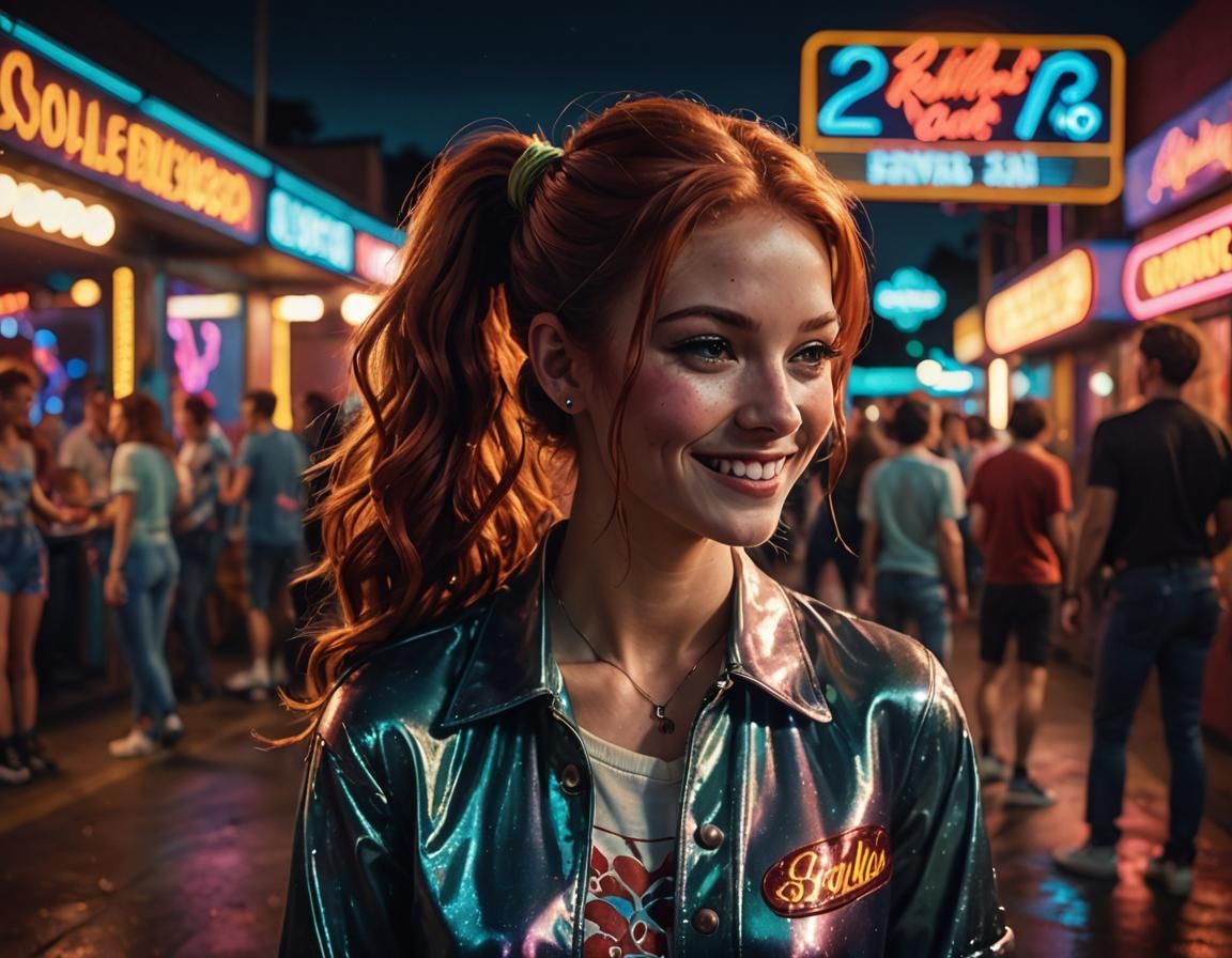 Smiling Redhead at Roller Disco in Film Noir Style