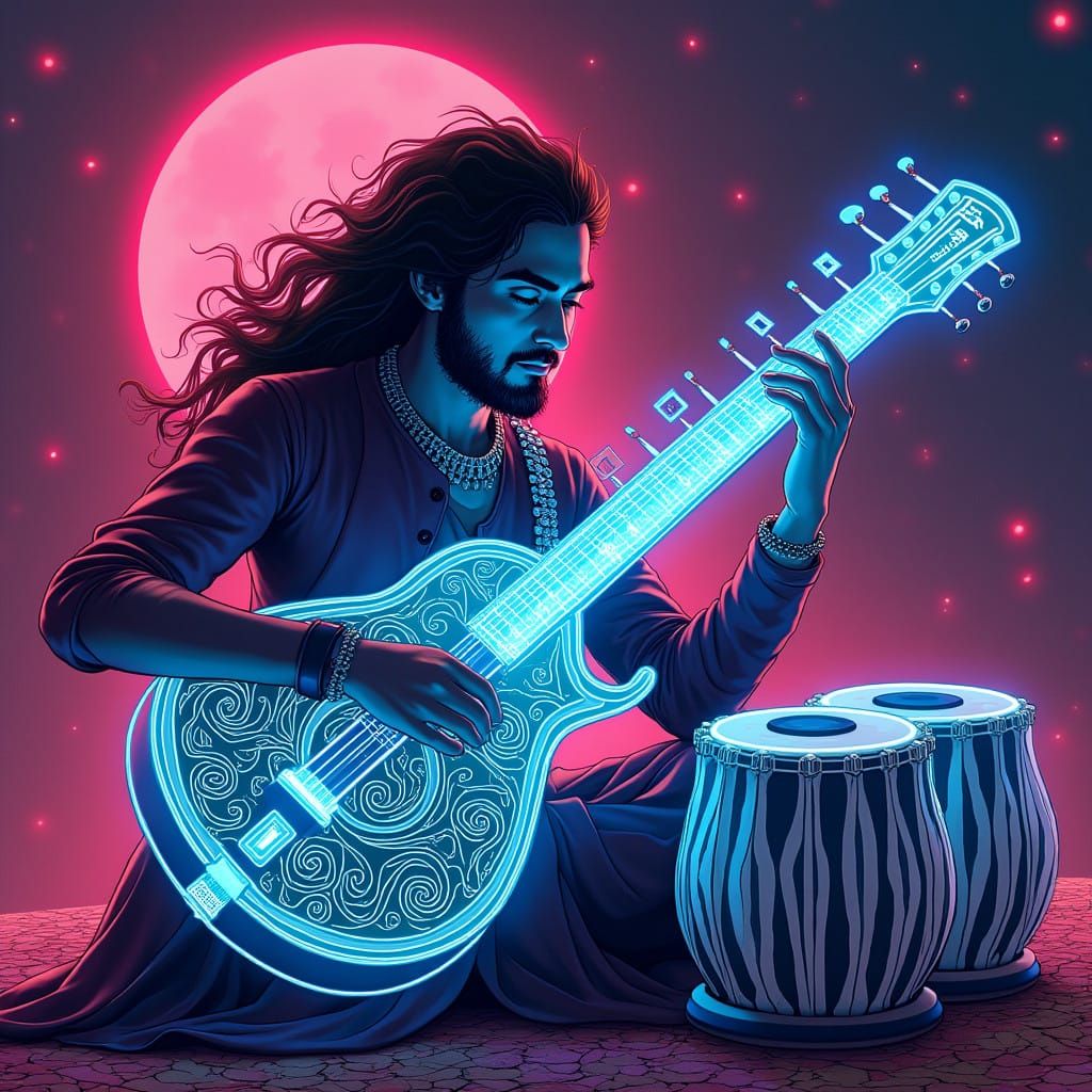 Futuristic Indian Musician in Vibrant Space Environment