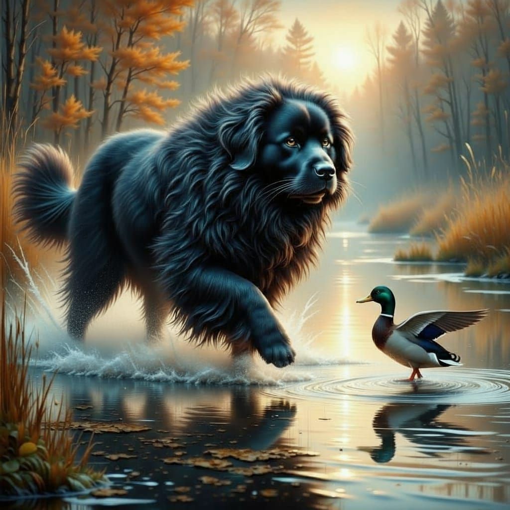 Newfoundland Dog Leaps for Duck in Vivid Cinematic Water Sce...