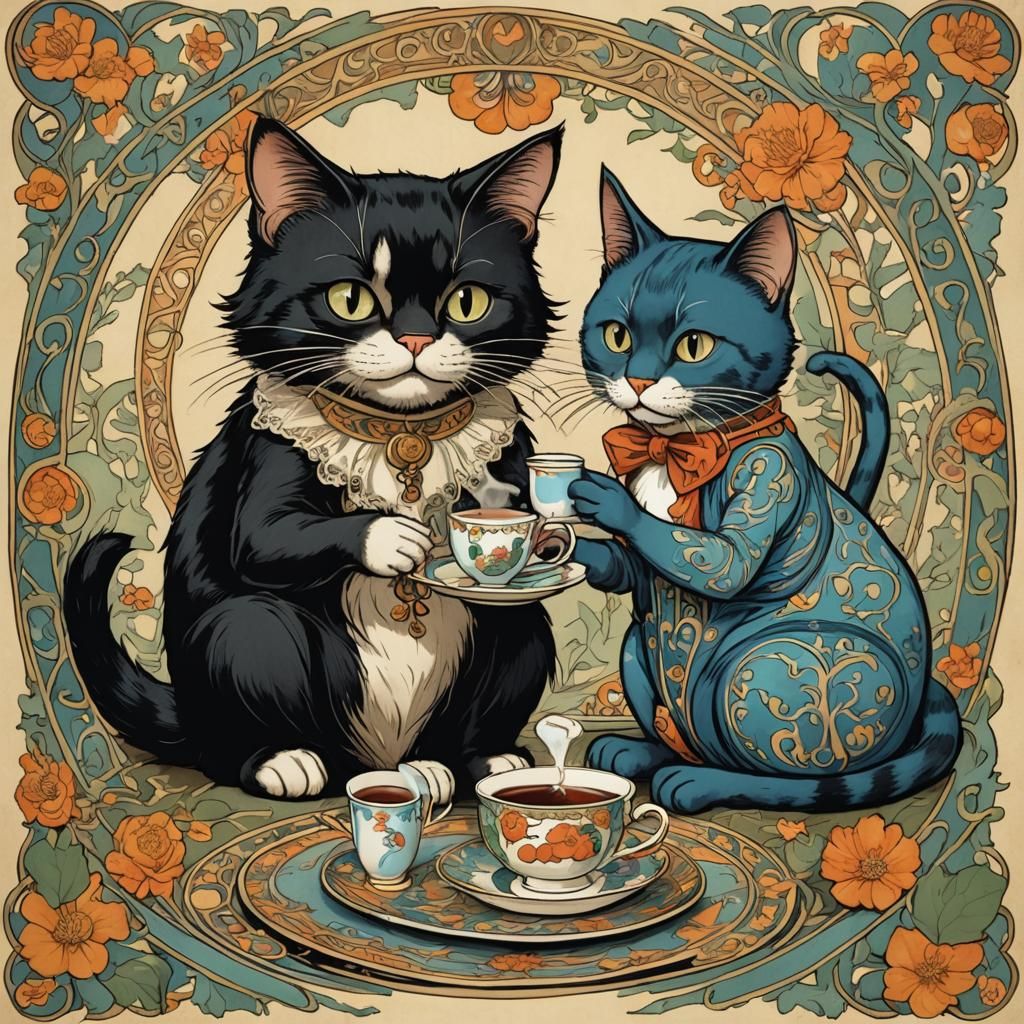 Cheshire Cat and Felix Tea Party in Art Nouveau
