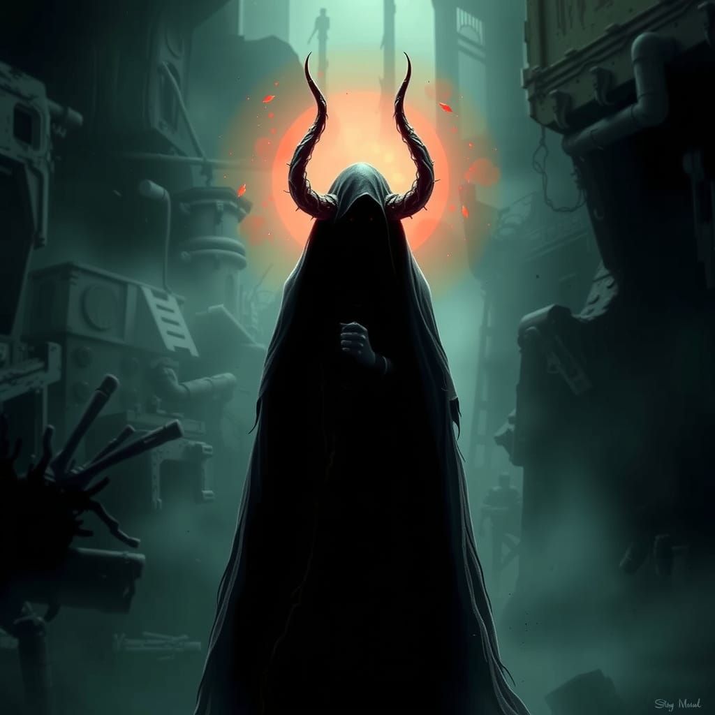 Ominous Figure in Ruined Landscape: Dystopian Art