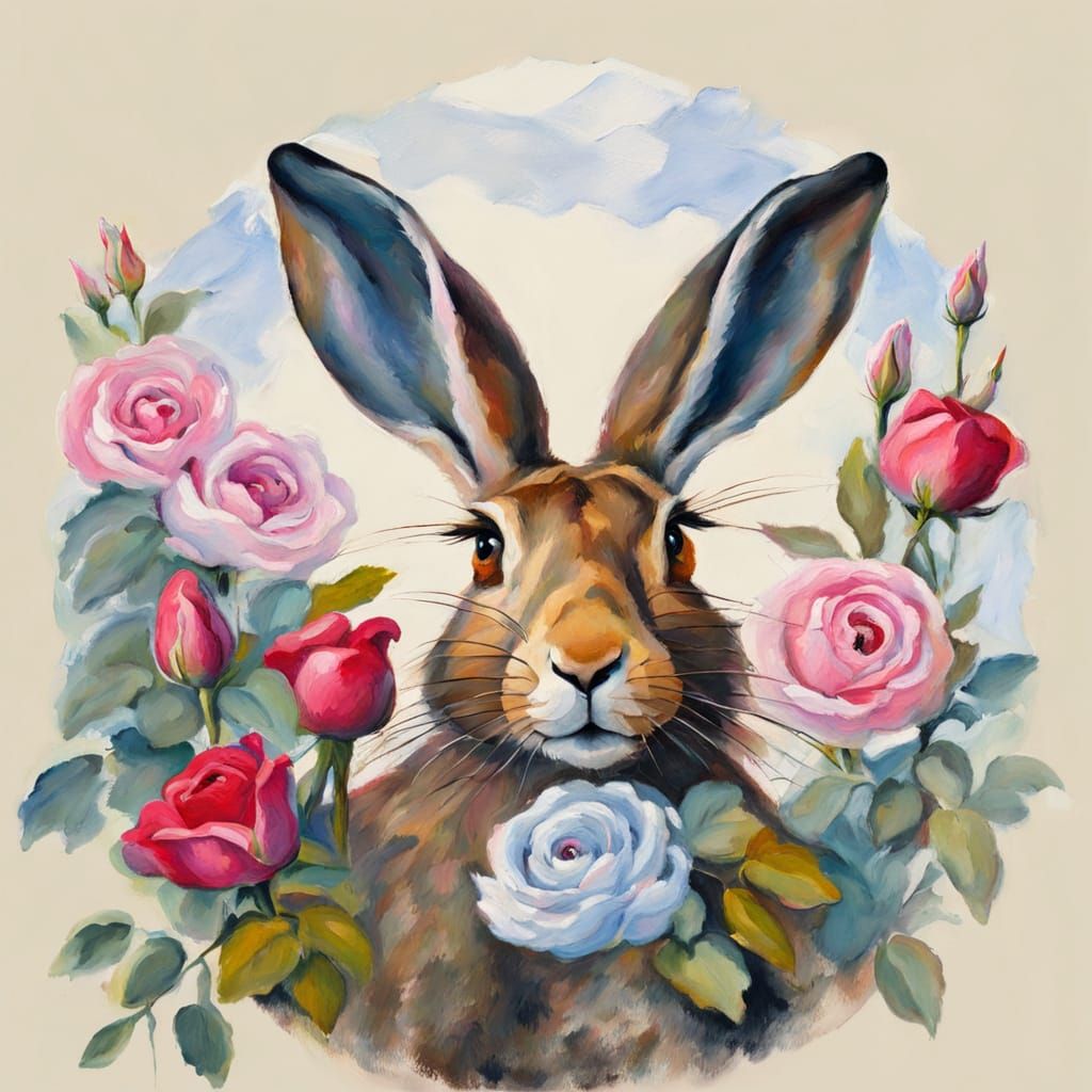 Impressionist Rose and Hare Masterpiece in Vibrant Gouache