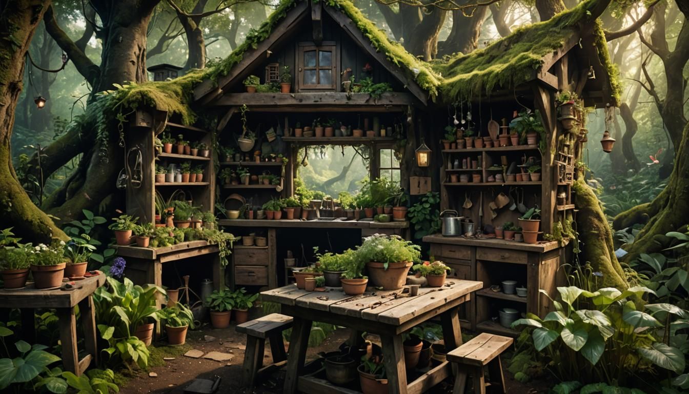 Mystical Garden Shack in Lush Forest