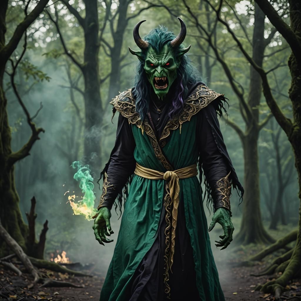 Eerie Green Monster Performing Dark Magic Ritual
