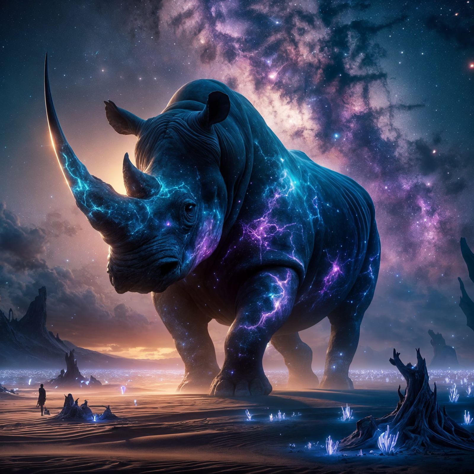 Nebula Rhino in Stardust Desert: Surreal Fantasy
