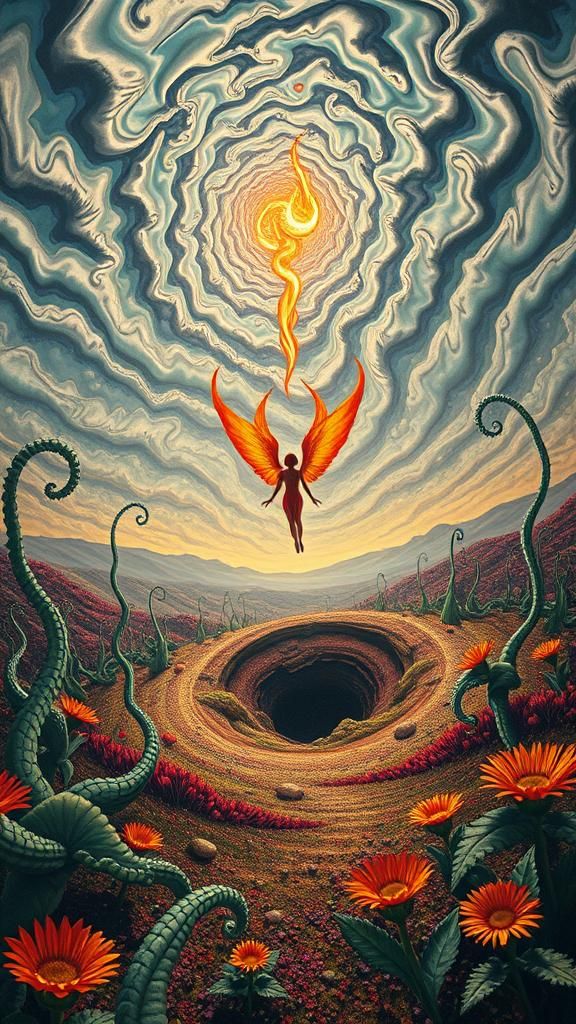 Surreal Landscape with Elastic Flora and Winged Fairy