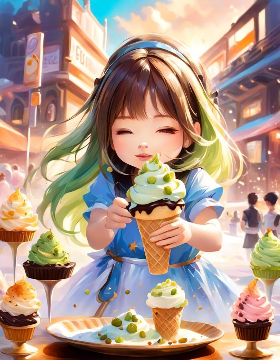 Chibi Girl's Gelato Delight in Tachisme Style