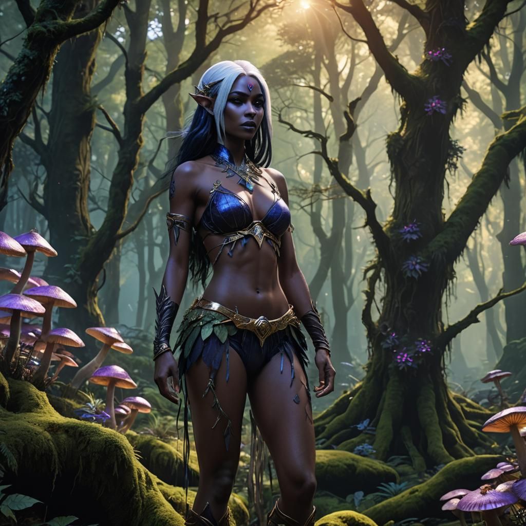 Mystical Drow Elf in Ancient Forest