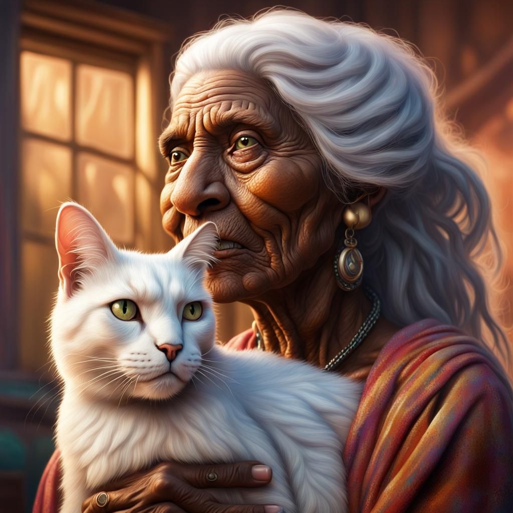 Old Woman with Cat: Hyperrealistic Digital Portrait