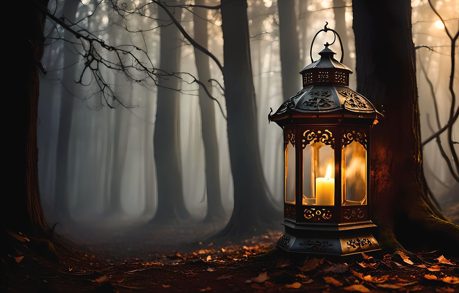 Eerie Gothic Lantern in Smoky Dark Woods